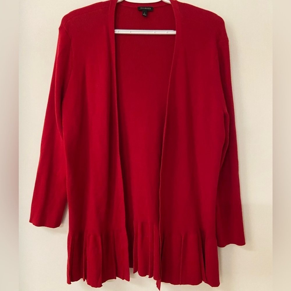 Talbots red open front cardigan pleated hem size large